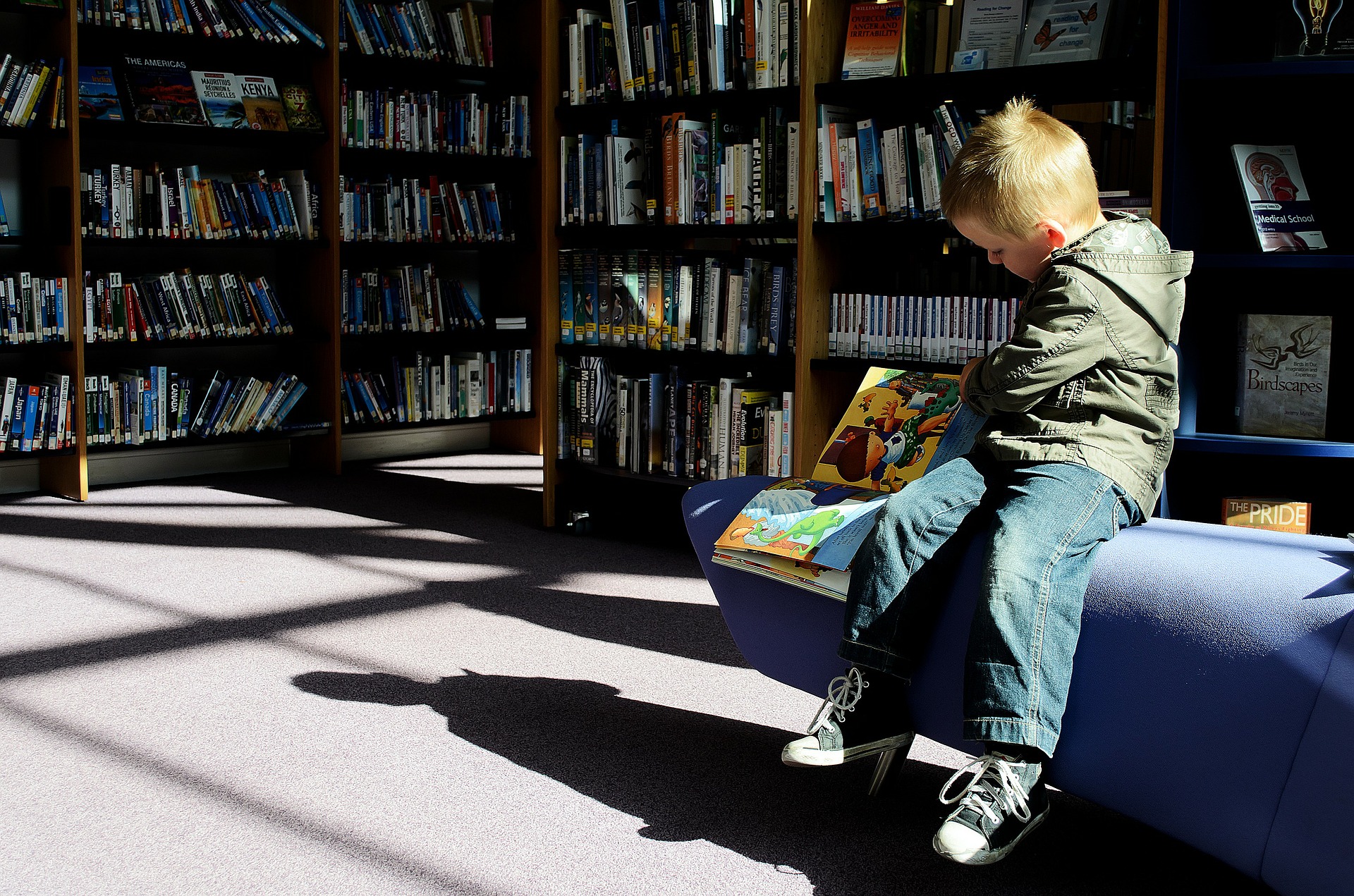 A boy reads a book in a library